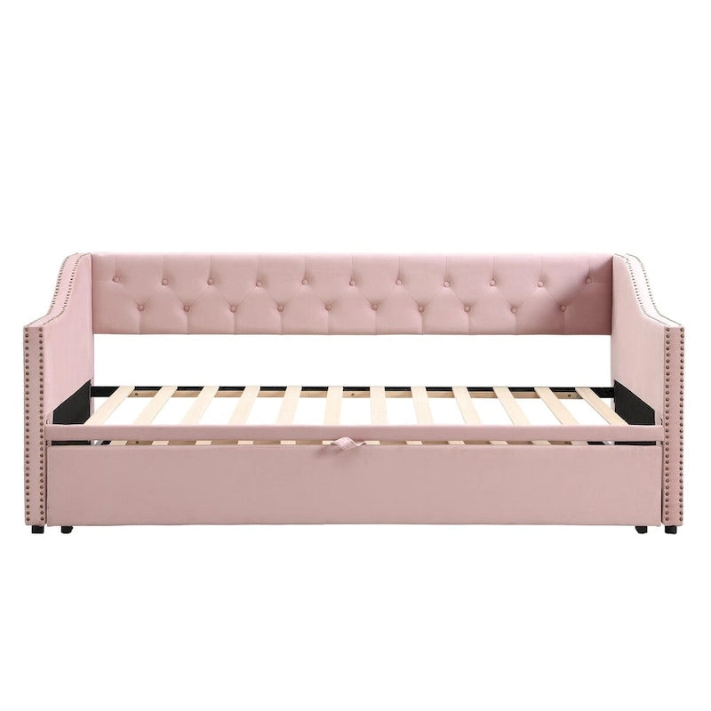 Lit de repos capitonné taille double avec lit gigogne relevable, Rose