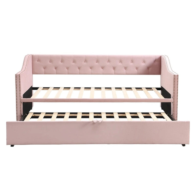 Lit de repos capitonné taille double avec lit gigogne relevable, Rose