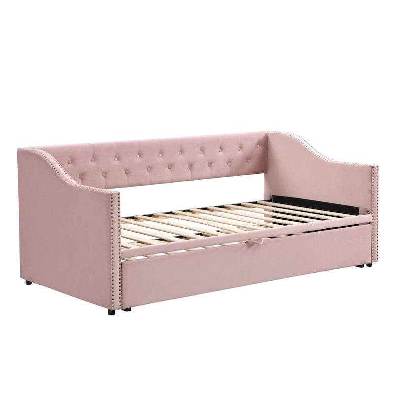Lit de repos capitonné taille double avec lit gigogne relevable, Rose