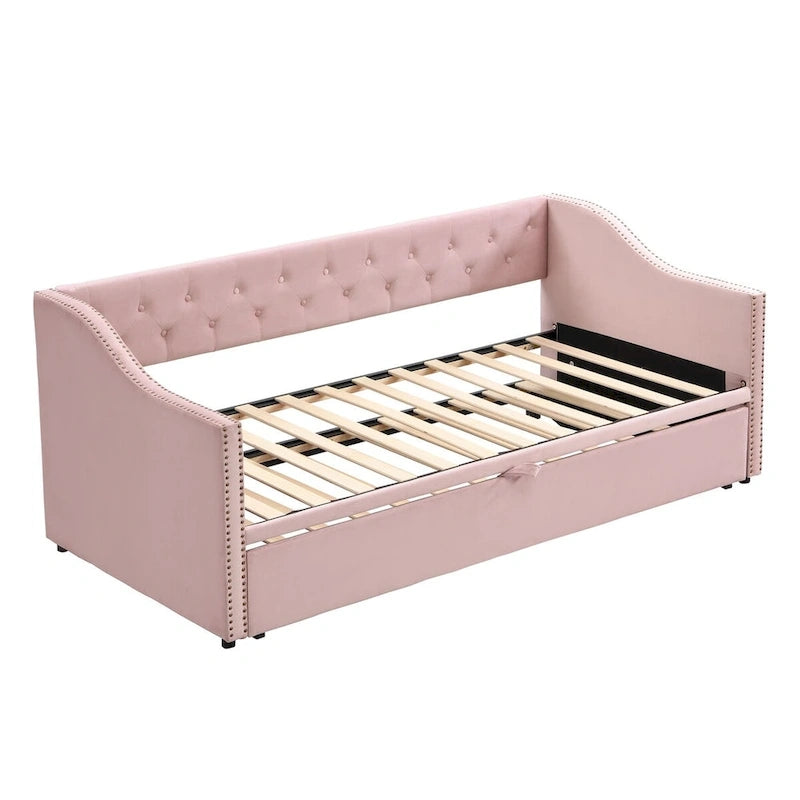 Lit de repos capitonné taille double avec lit gigogne relevable, Rose