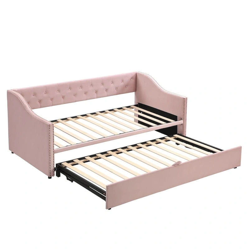 Lit de repos capitonné taille double avec lit gigogne relevable, Rose