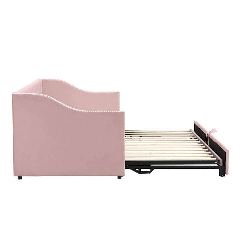 Lit de repos capitonné taille double avec lit gigogne relevable, Rose