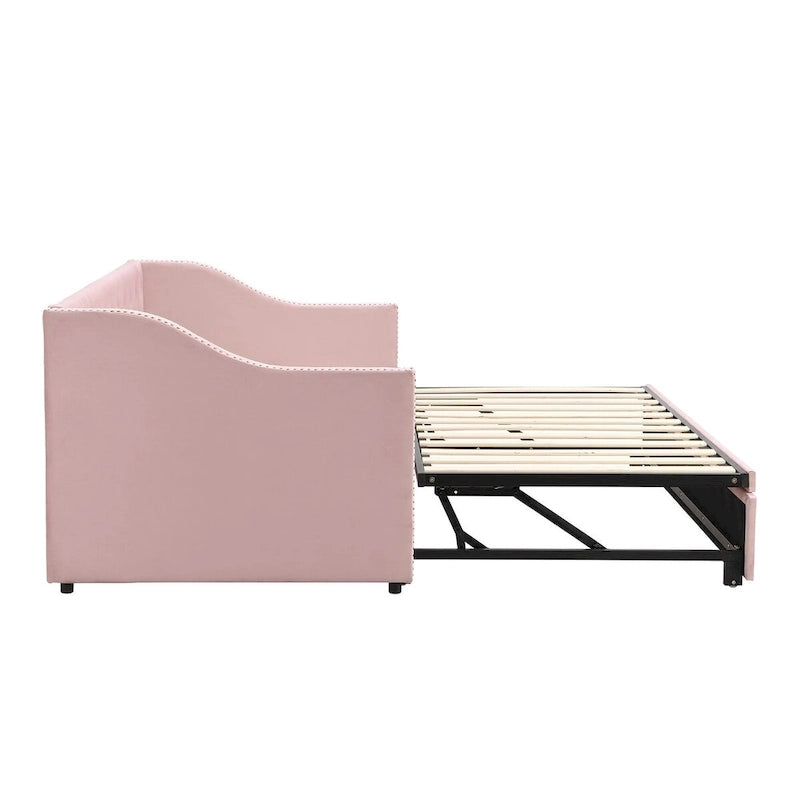 Lit de repos capitonné taille double avec lit gigogne relevable, Rose