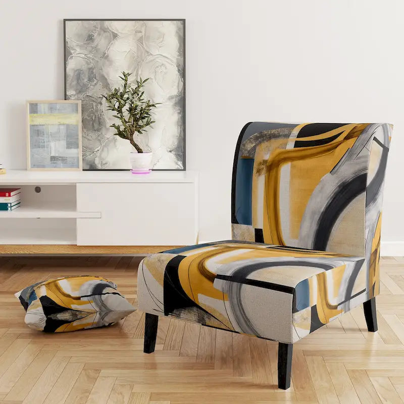 Chaise/fauteuil décoratif rembourré de style moderne dans une palette de couleurs or et noir.