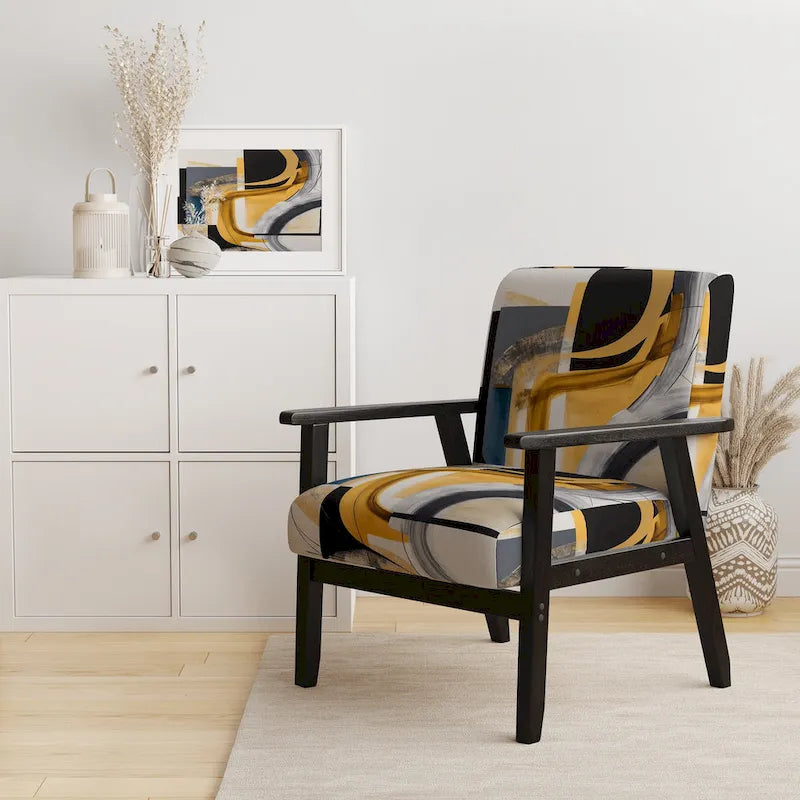 Chaise/fauteuil décoratif rembourré de style moderne dans une palette de couleurs or et noir.