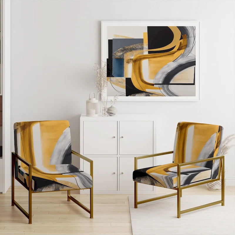 Chaise/fauteuil décoratif rembourré de style moderne dans une palette de couleurs or et noir.