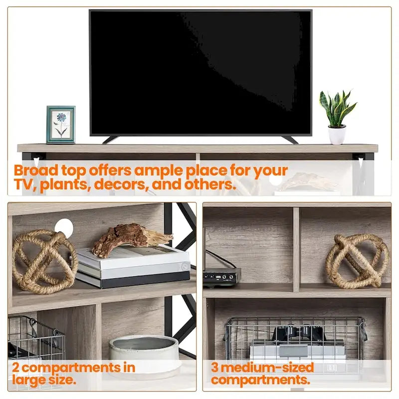 Meuble TV industriel pour téléviseurs de 65 pouces avec 5 compartiments de rangement